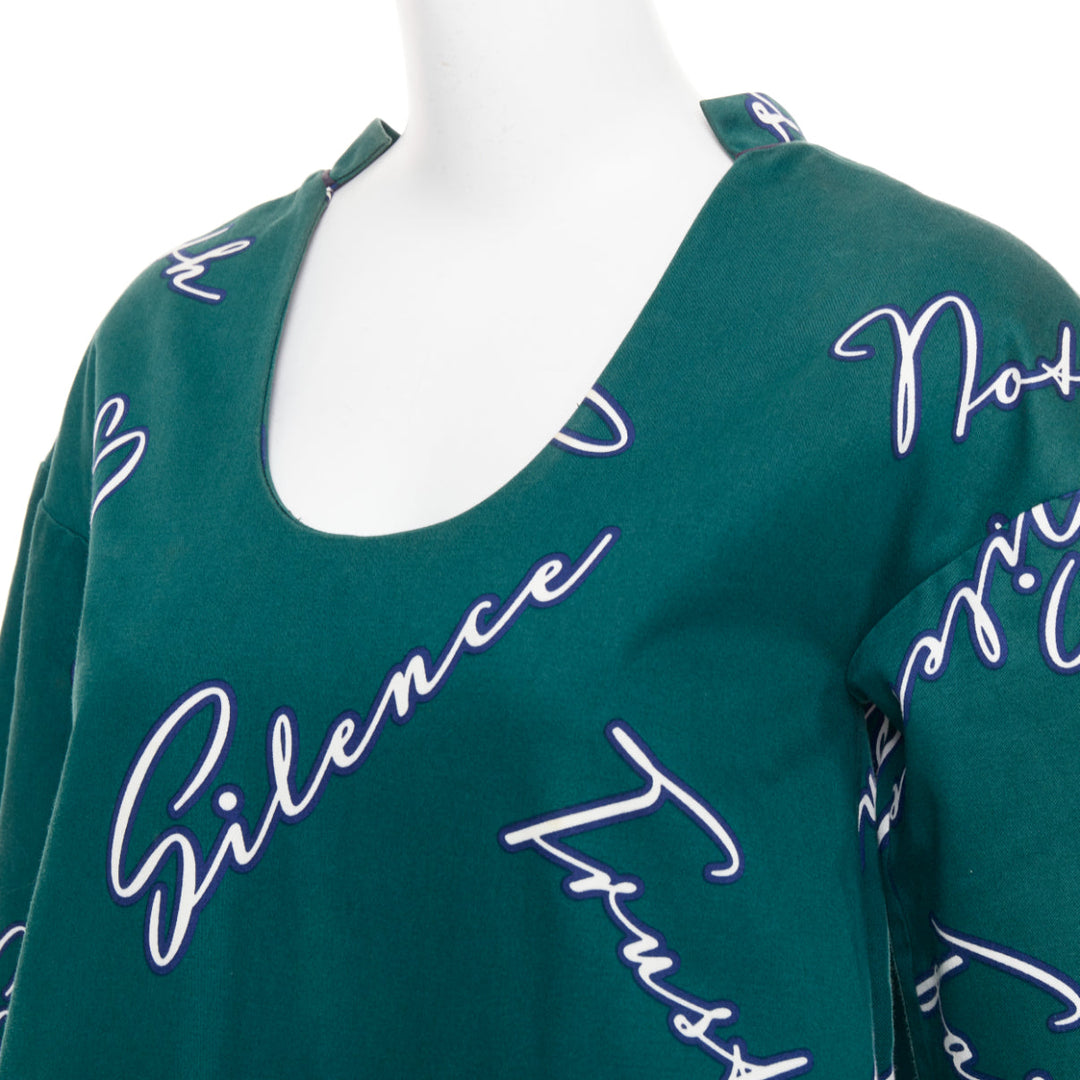 JIL SANDER green white cotton italic words graphic print cocoon dress FR32 XXS