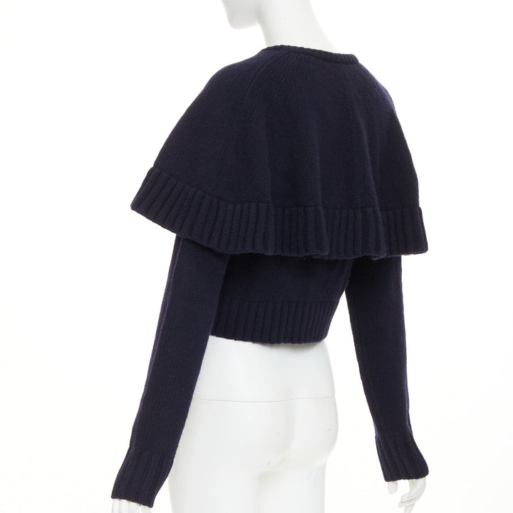 CHLOE 2024 Runway navy wool cashmere bronze globe buttons cape cardigan XS