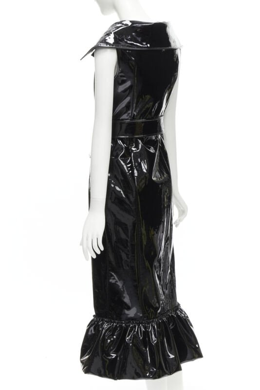 rare HUISHAN ZHANG black shiney vinyl PVC belted flared hem coat dress US2 XS