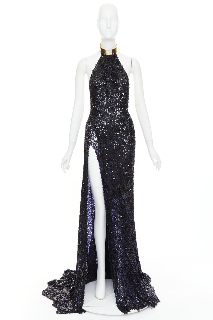 rare ALEXANDRE VAUTHIER navy sequinned gold crystal pave collar high slit gown