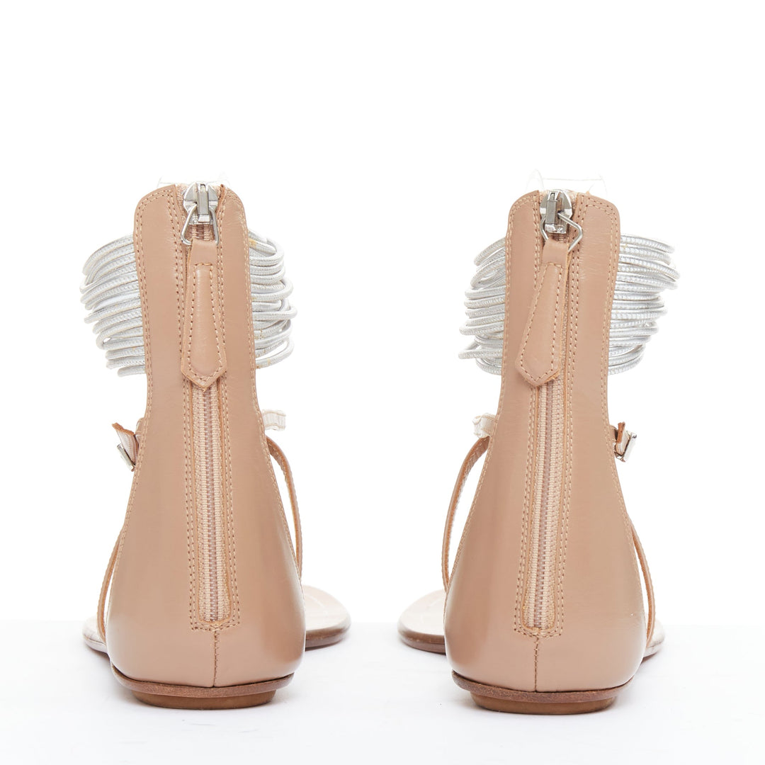 AQUAZZURA Spin Me Around silver coil nude leather gladiator flat sandals EU37.5