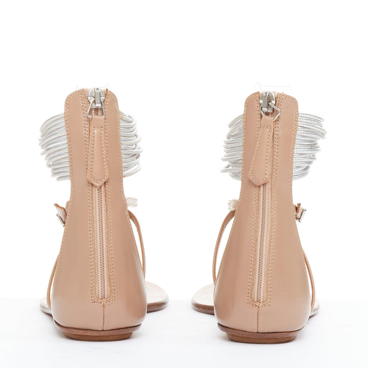 AQUAZZURA Spin Me Around silver coil nude leather gladiator flat sandals EU37.5