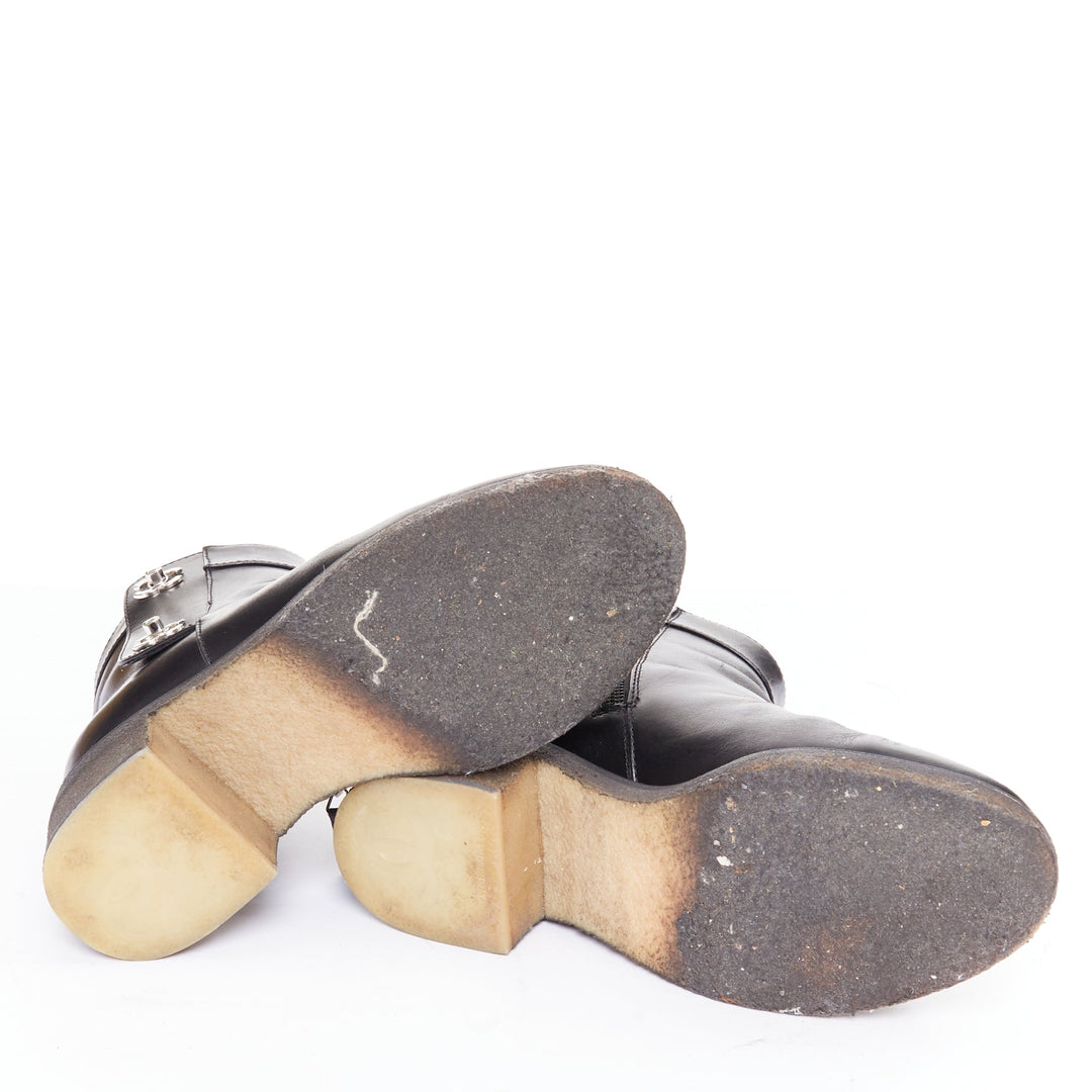 CHANEL Turnlock CC black leather silver logo crepe rubber sole ankle boots EU37