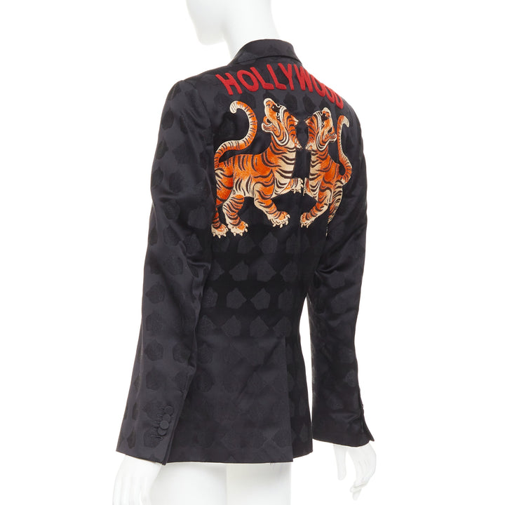 GUCCI black silk jacquard Tiger Hollywood applique tuxedo blazer IT44 XS