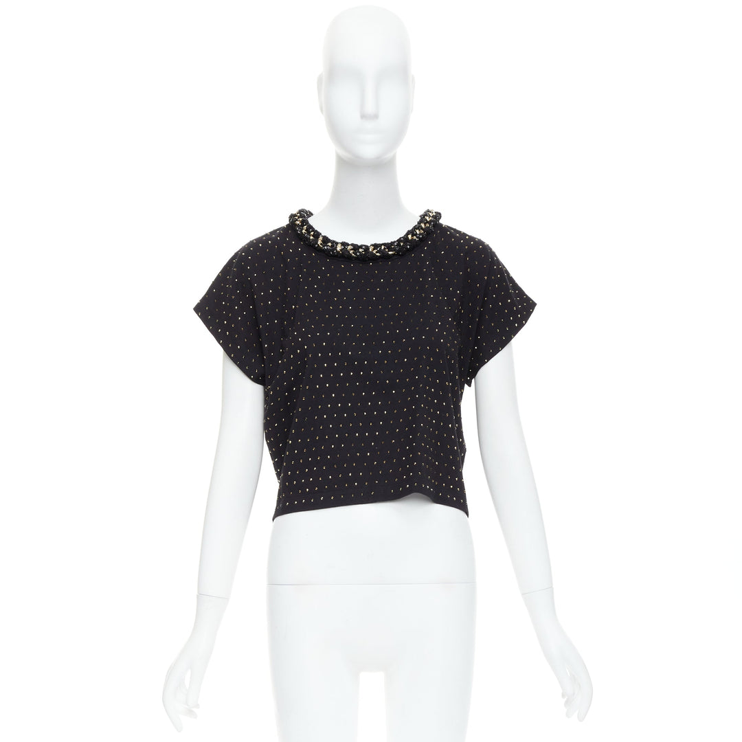 BALMAIN gold crystal rhinestone chain embellished black crop tshirt XS