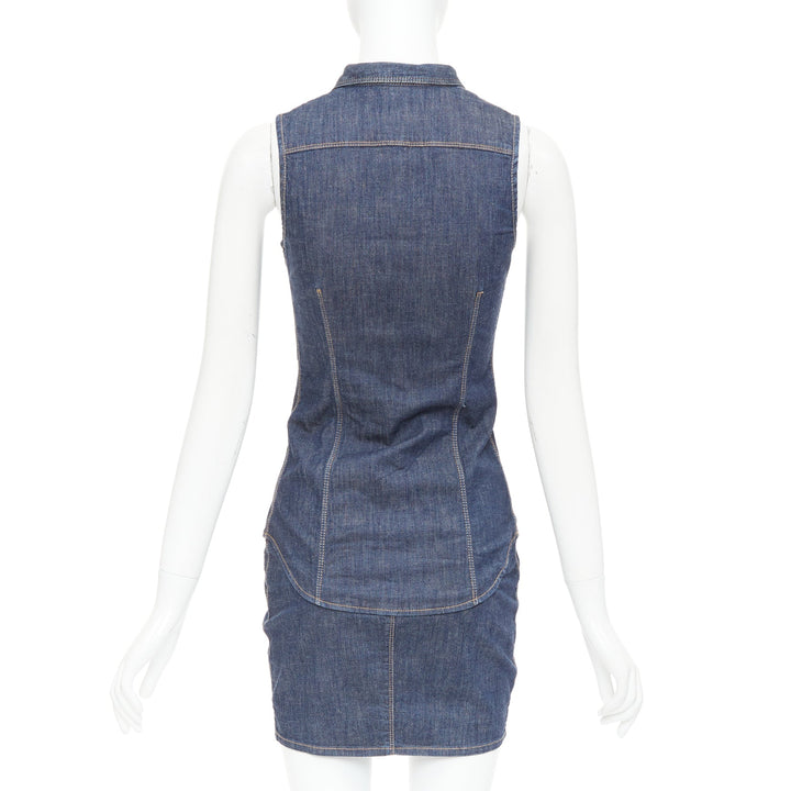 DSQUARED2 Vintage blue cotton denim red logo zip front dress IT40 S