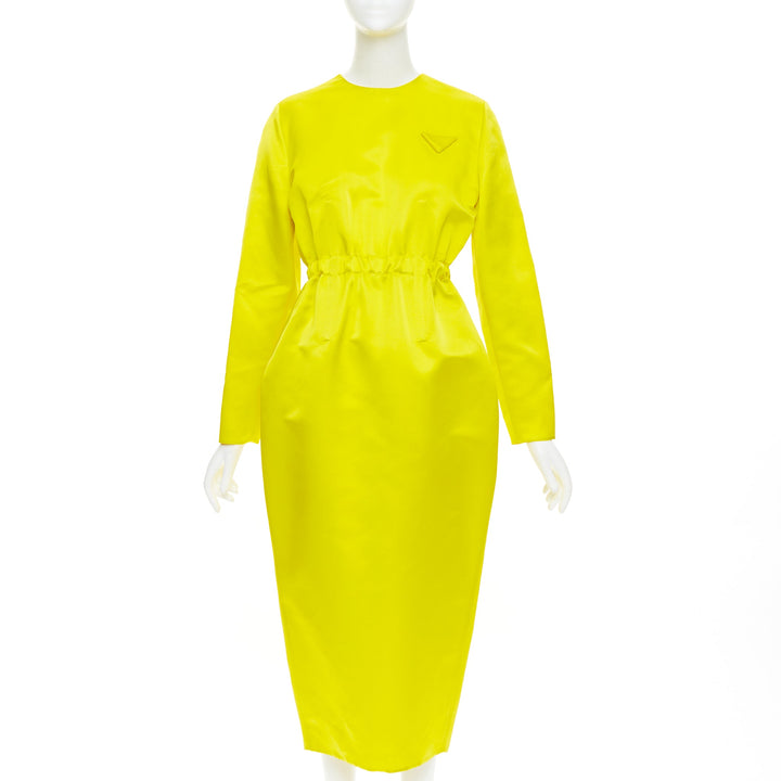 rare PRADA 2022 Runway yellow duchess silk open back cinched belted dress IT40 S