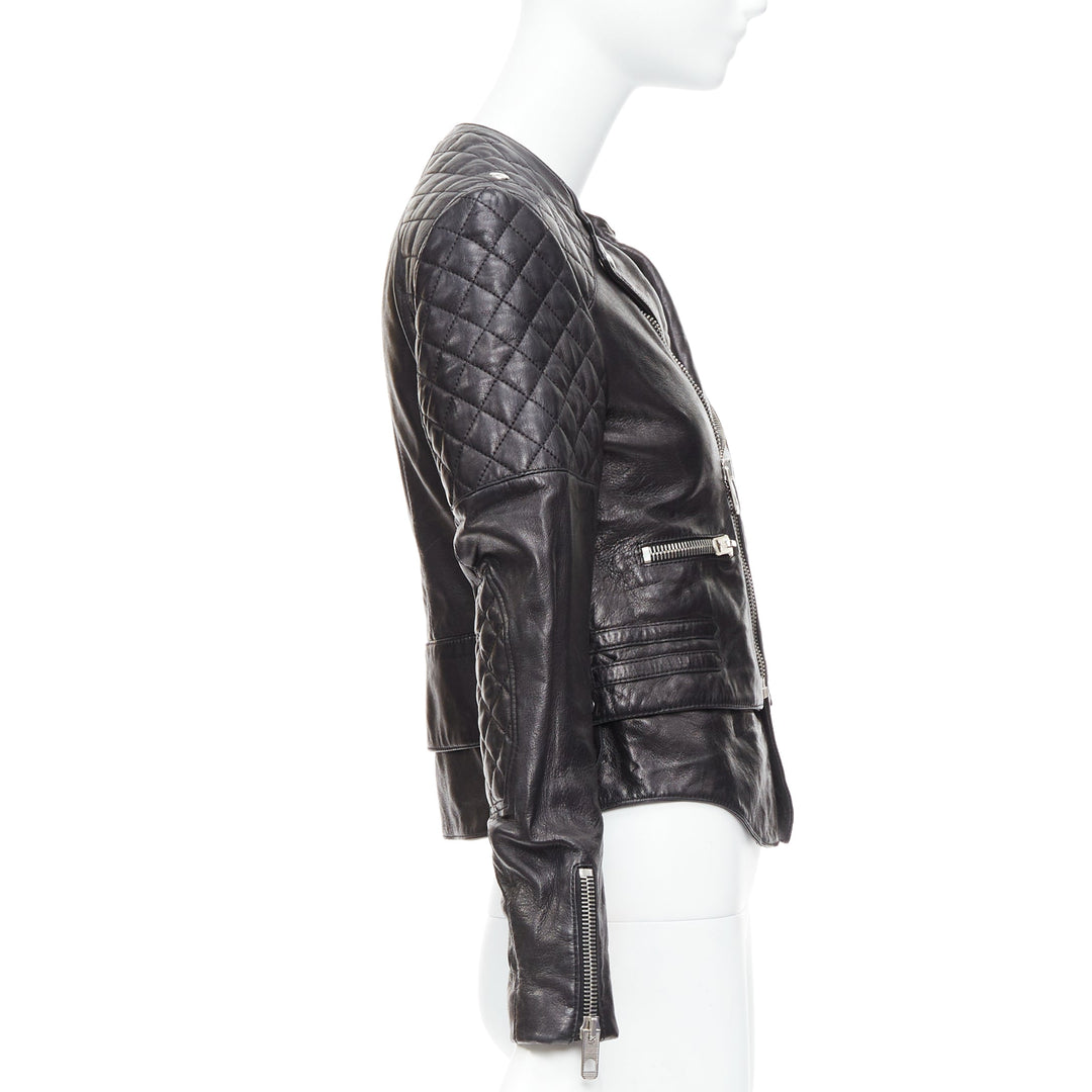 BALENCIAGA 2011 black leather quilted silver zip crop moto biker FR38 M