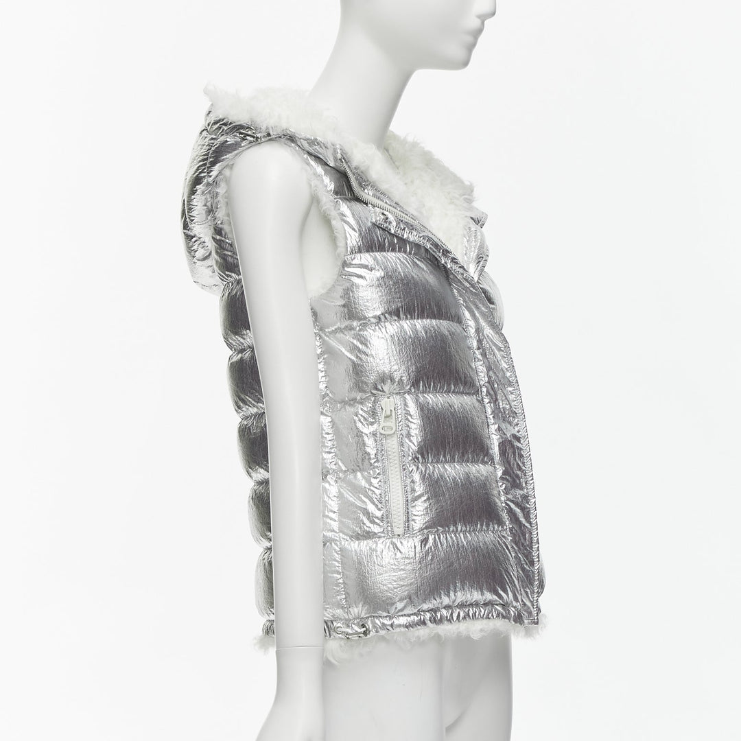 YVES SALOMON ARMY Reversible metallic silver white shearling puffer vest FR36 S