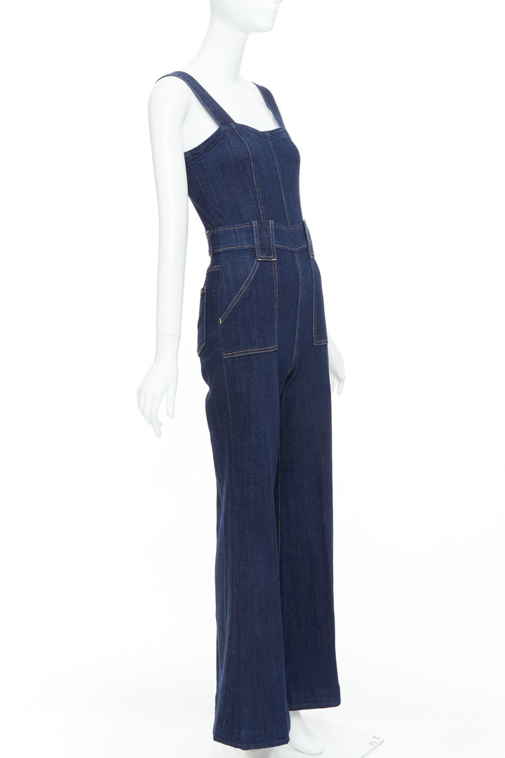 7 FOR ALL MANKIND indigo blue denim wide flare dungaree jumpsuit XS