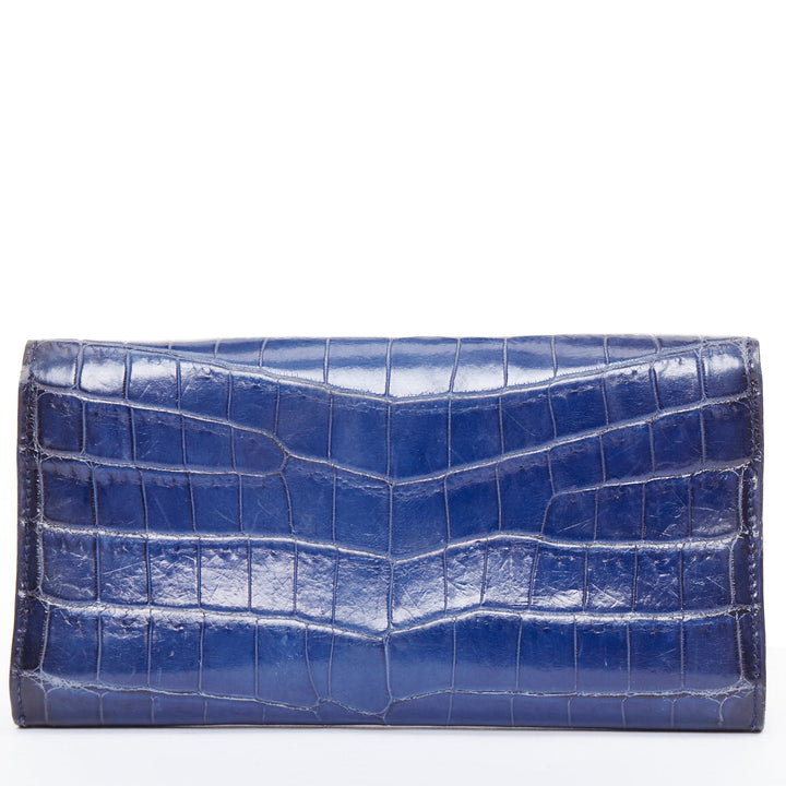 BOTTEGA VENETA blue black ombre genuine scaled leather long flap wallet