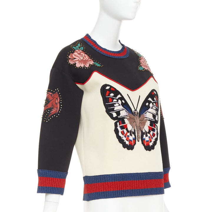 GUCCI 2016  cream black cotton Butterfly Embroidered studded sweatshirt XS