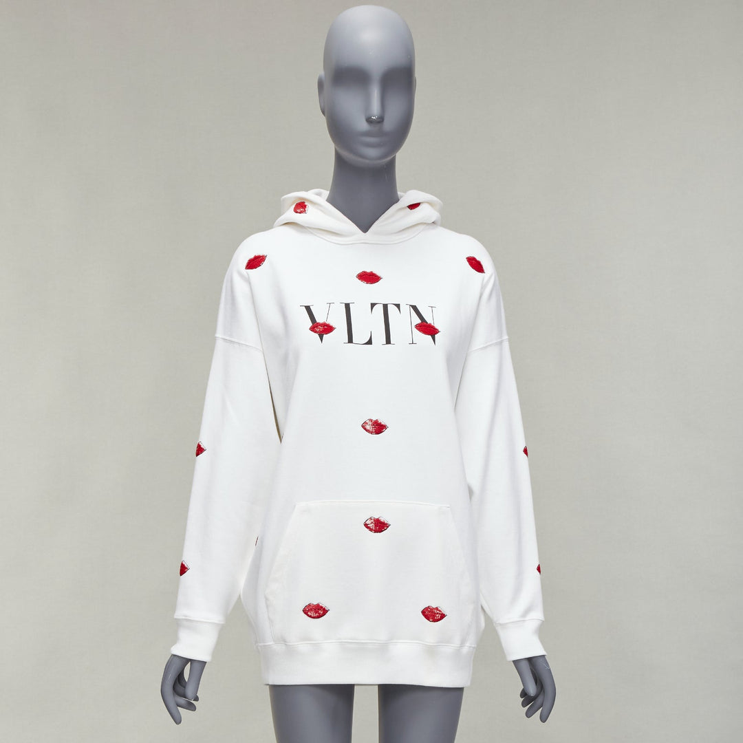 VALENTINO VLTN Le Rouge Kisses red sequin lips embroidery oversized hoodie XXS