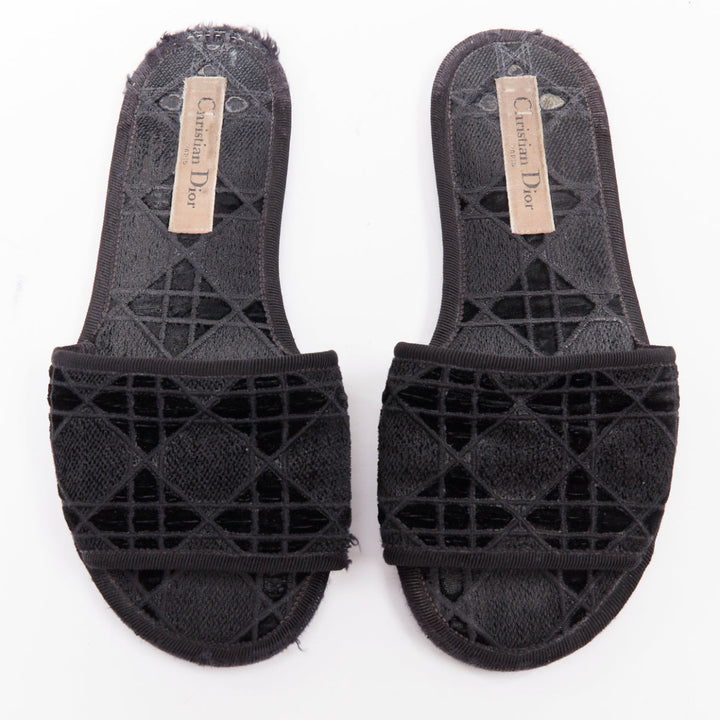 DIOR Chez Moi black velvet cannage quilted velvet flat slides EU35