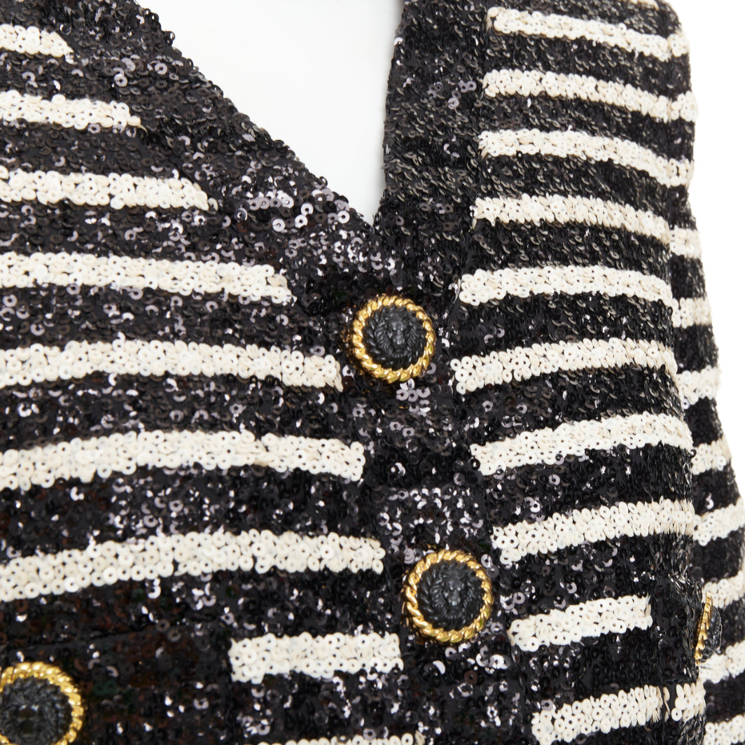 BALMAIN 2024 stripe sequined v neck lion button cropped evening jacket FR34 XS