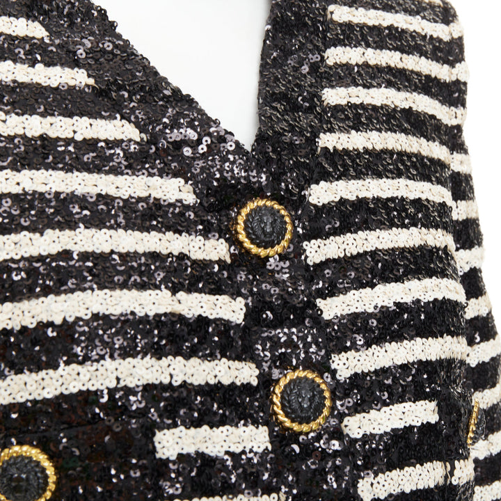 BALMAIN 2024 stripe sequined v neck lion button cropped evening jacket FR34 XS