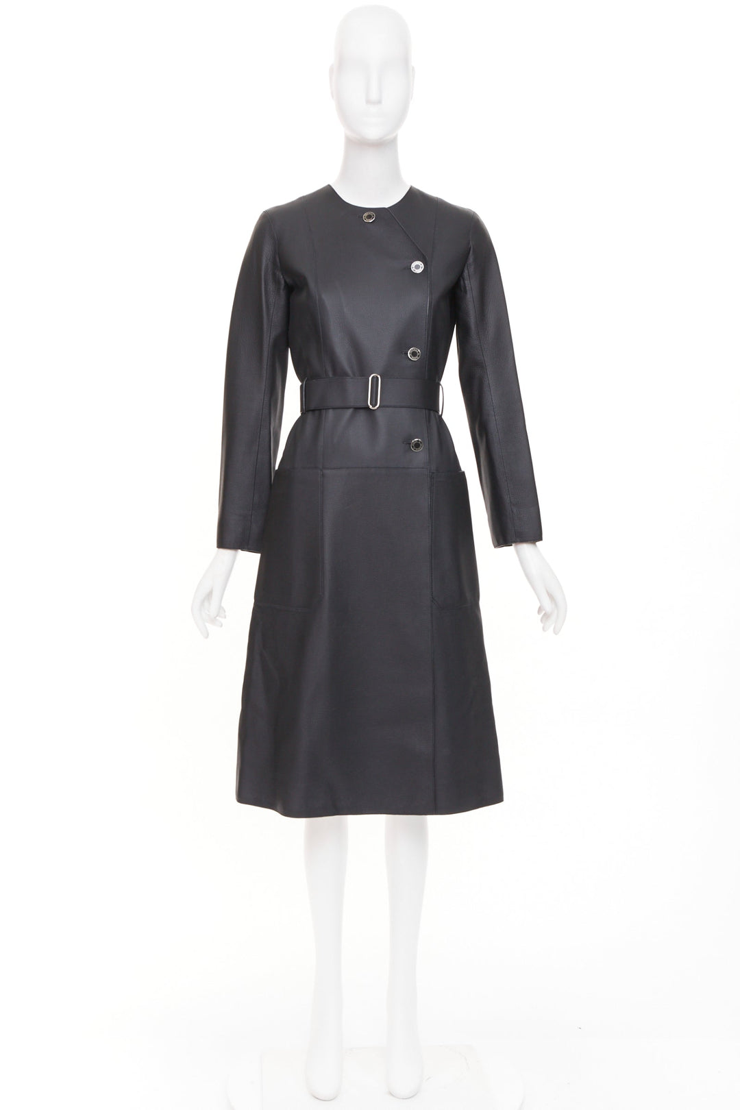 HERMES deerskin asymmetric snap button collared belted long leather coat FR34 XS