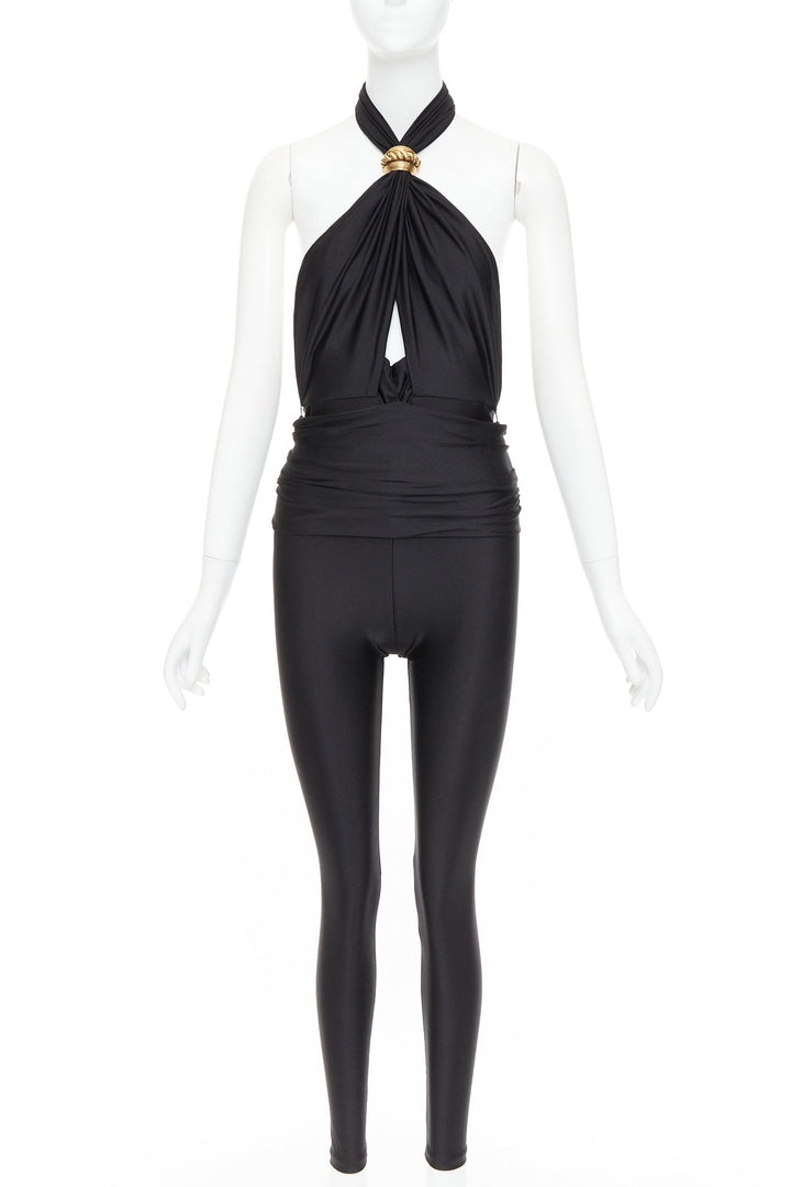 SAINT LAURENT 2022 Runway black gold metal brooch halter cutout jumpsuit Sz.1 XS