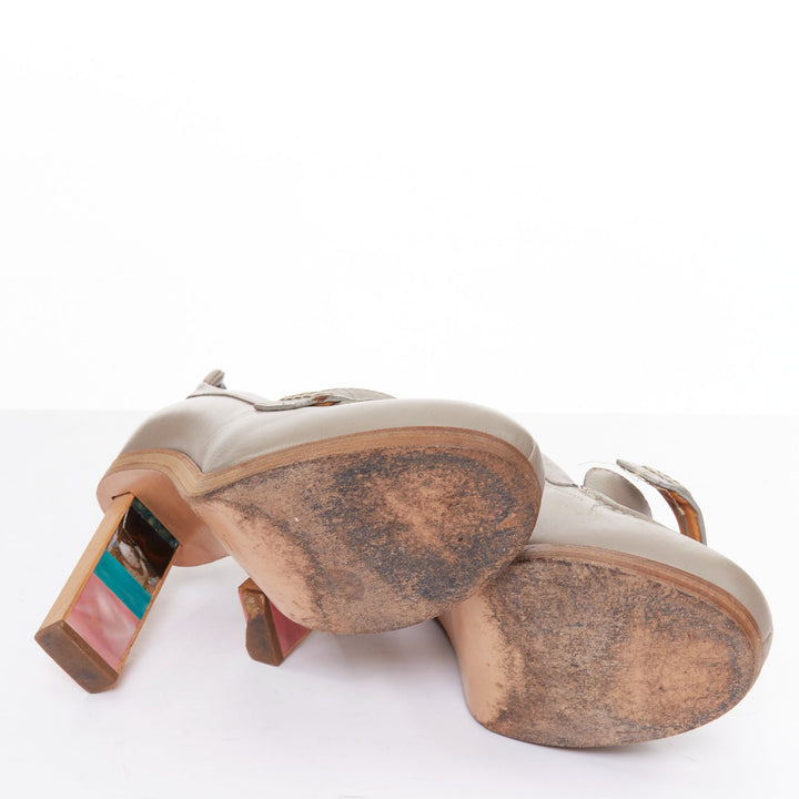 rare BALENCIAGA Vintage grey leather colourful wooden block heel loafer EU37