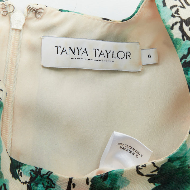 TANYA TAYLOR green cream silk abstract print sleeveless A-line dress US0 XS