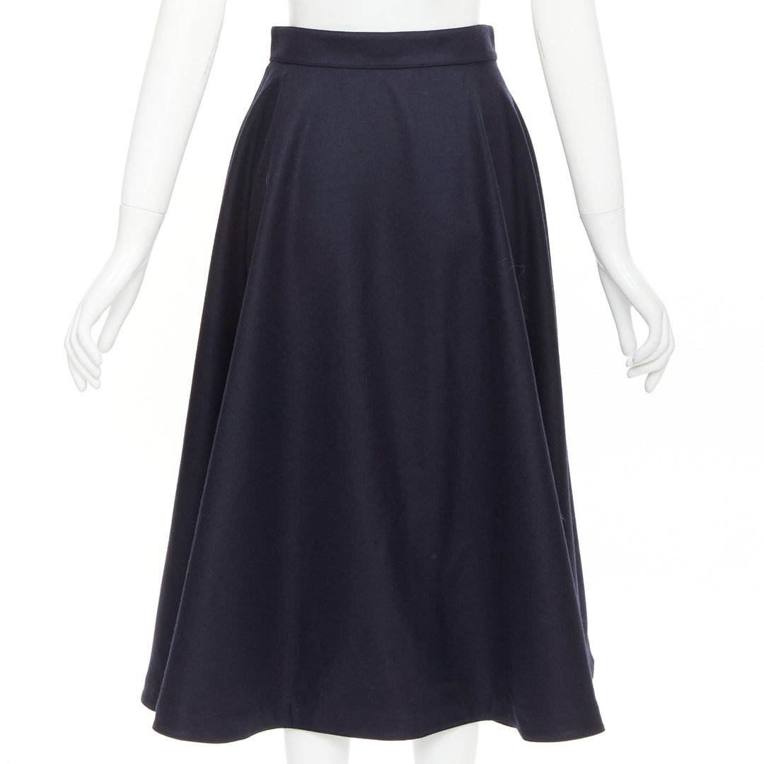 CELINE navy wool felt gold crest button wrap high waist midi skirt FR36 S