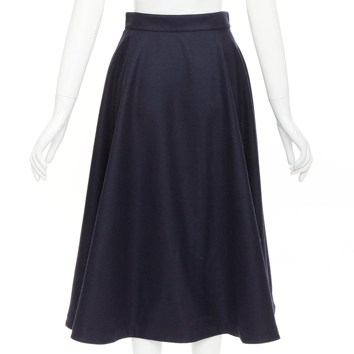 CELINE navy wool felt gold crest button wrap high waist midi skirt FR36 S