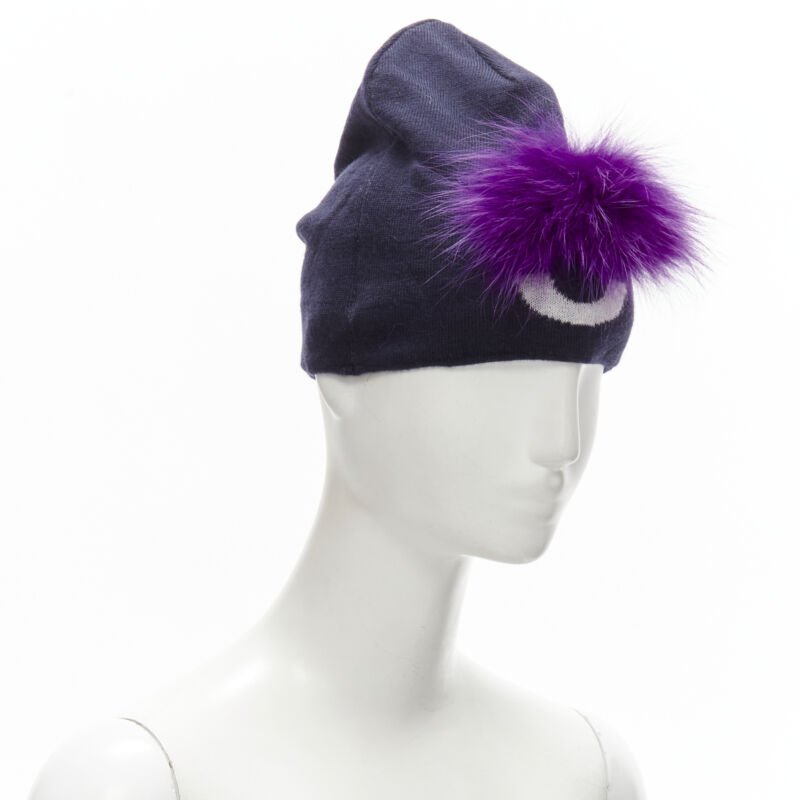 FENDI Monster Bug Eye  100% wool arctic fox fur trim navy purple beanie hat