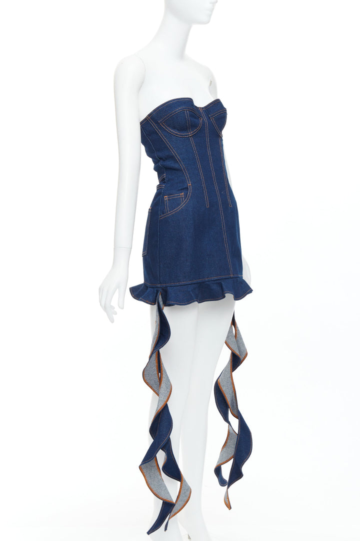 DAVID KOMA Corset Denim blue cotton cascade sides mini dress UK6 XS