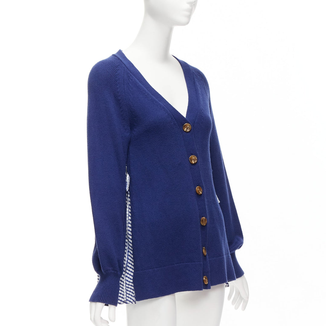 ADEAM blue cotton blend gingham ruffle back side tie cardigan sweater S