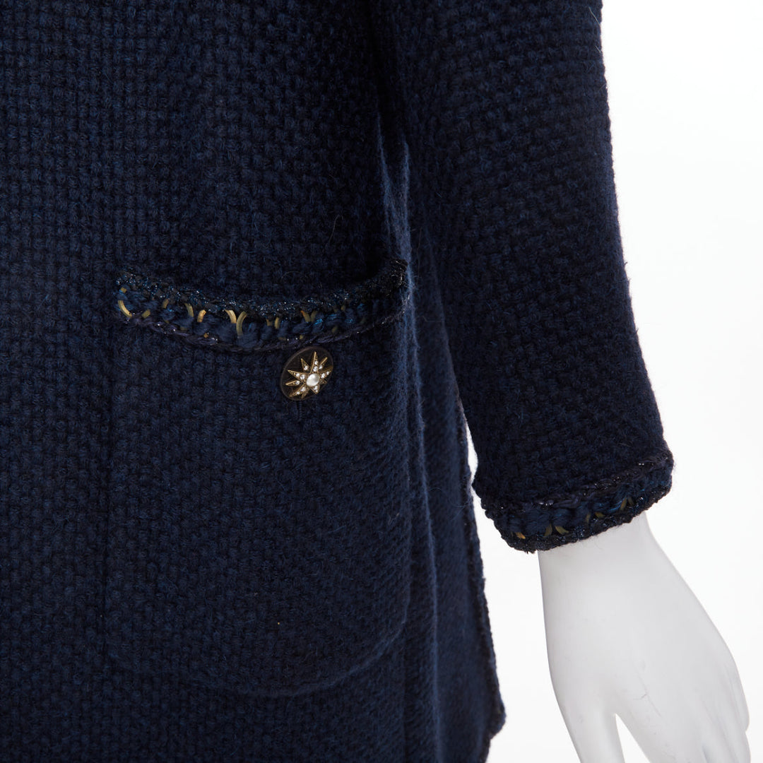 CHANEL 2015 Paris Salzburg navy alpaca blend braid trim open tweed coat FR34 XS