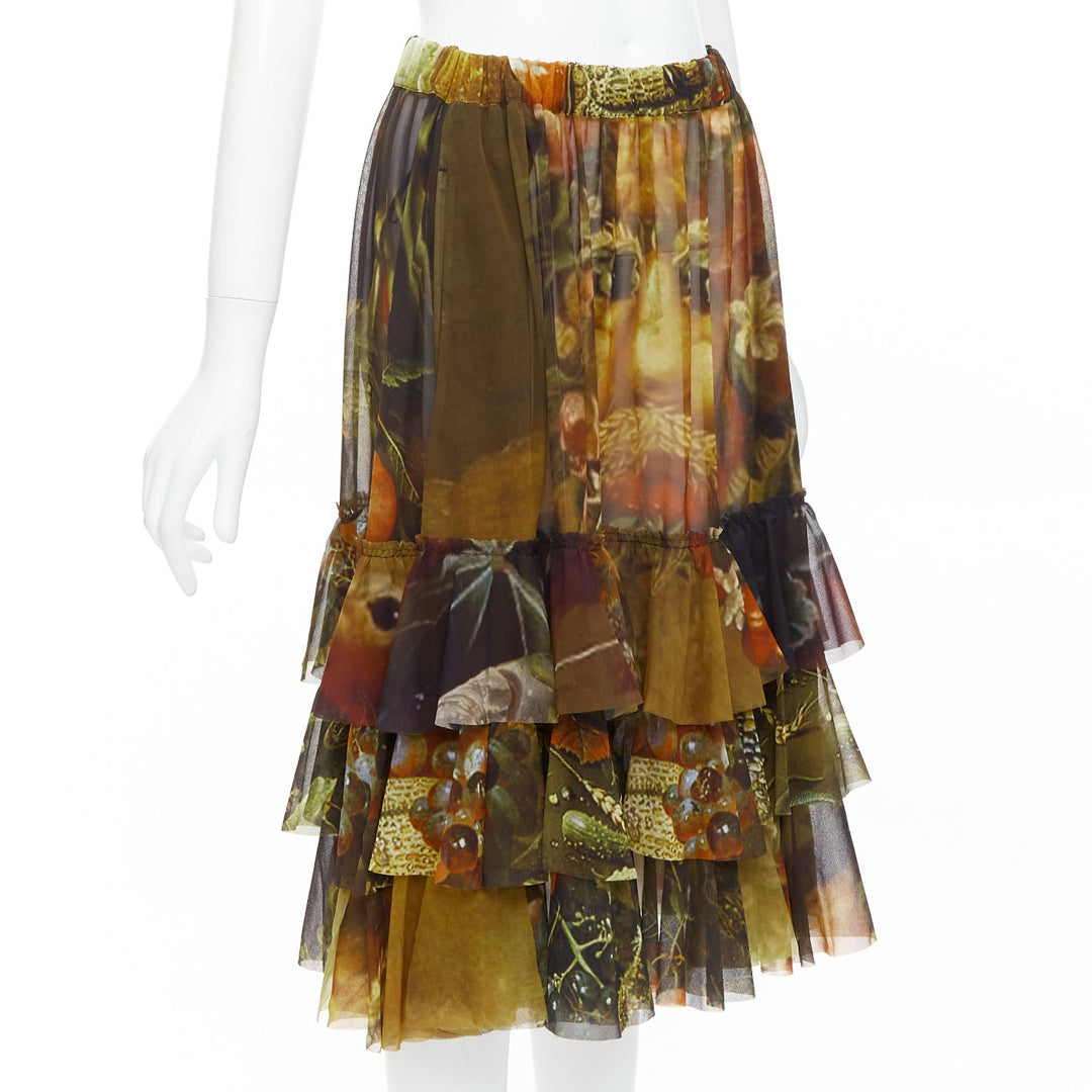 rare COMME DES GARCONS 2018 Vertumnus brown painting sheer chiffon tier skirt S