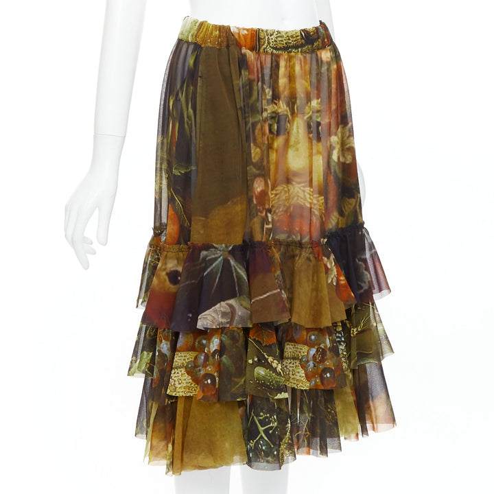 rare COMME DES GARCONS 2018 Vertumnus brown painting sheer chiffon tier skirt S