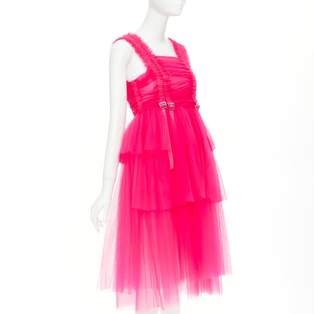 NOIR KEI NINOMIYA 2022 hot pink ruffle ruched front silver buckle dress XS