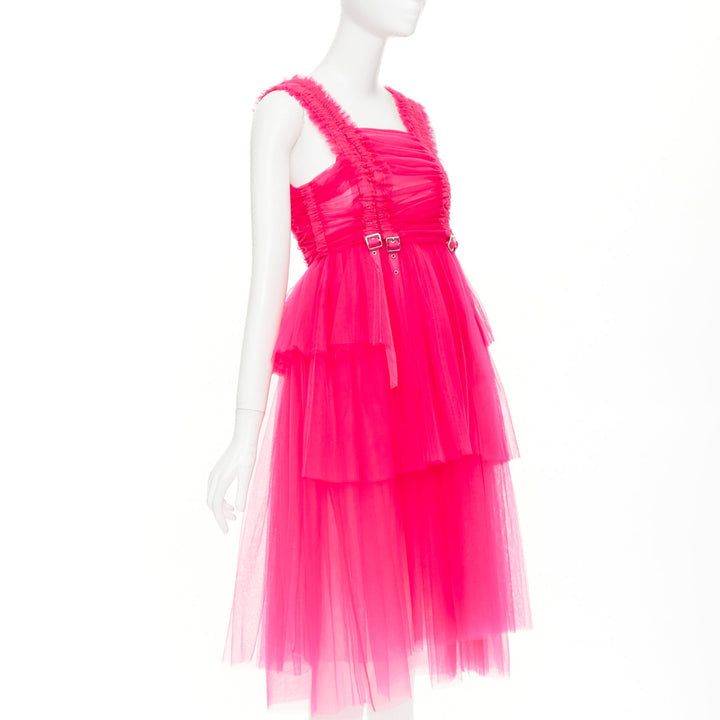 NOIR KEI NINOMIYA 2022 hot pink ruffle ruched front silver buckle dress XS