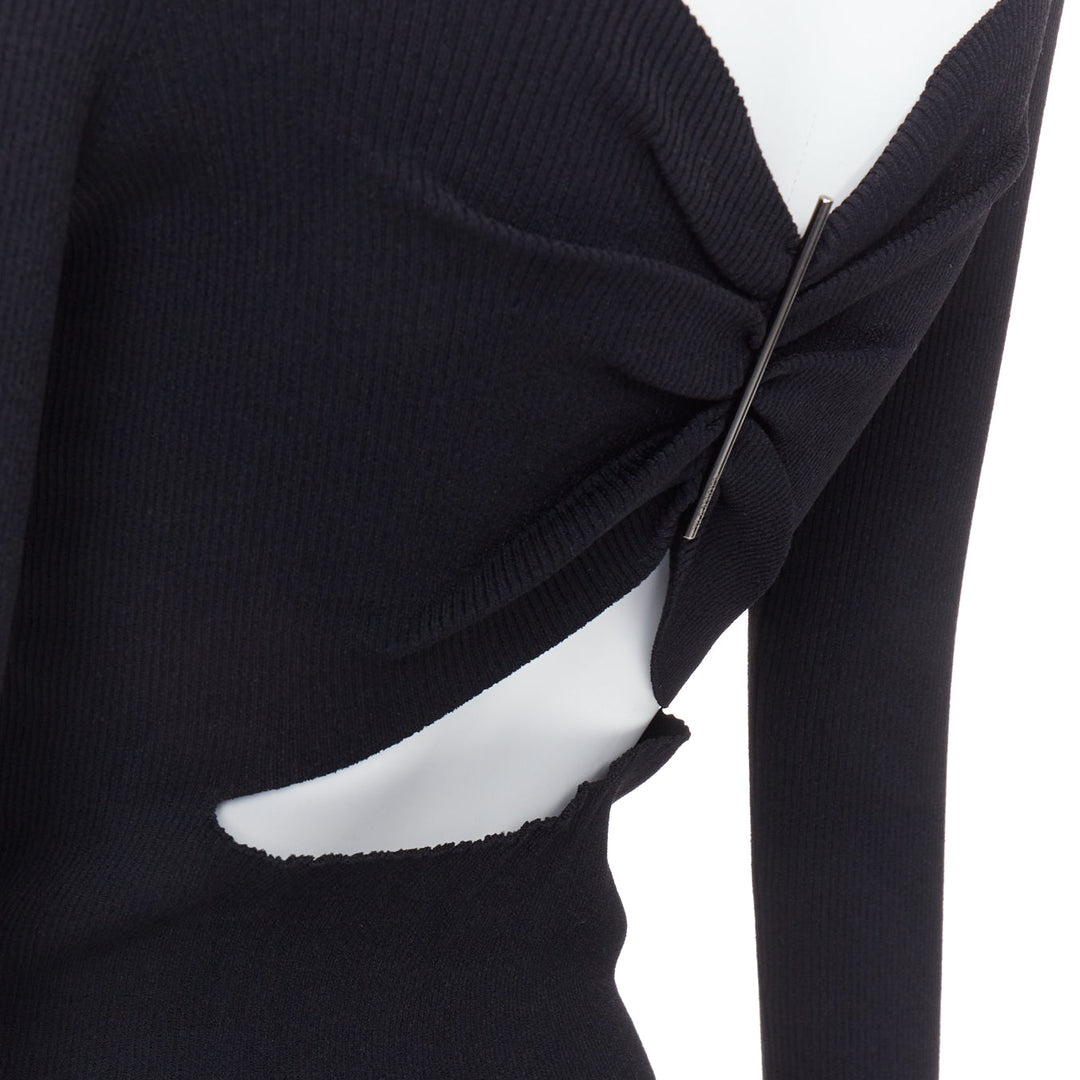 JIL SANDER black open back silver bar ruched turtleneck top FR36 S