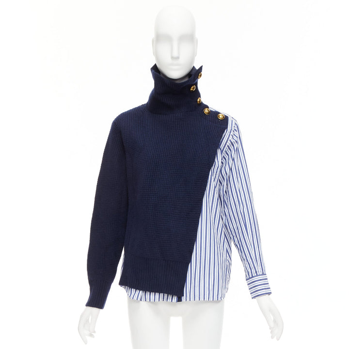 SACAI 2018 navy blue white wool cotton deconstructed hybrid sweater shirt JP1 S