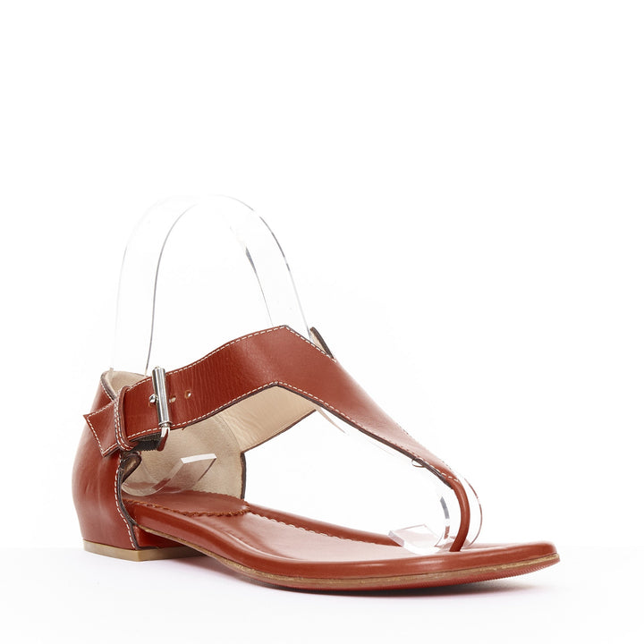 CHRISTIAN LOUBOUTIN brown leather tstrap silver buckles thong sandals EU37