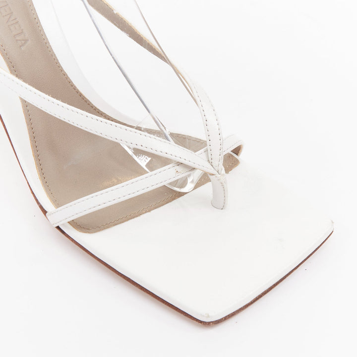 BOTTEGA VENETA Stretch white leather thong ankle strap square toe sandals EU35.5