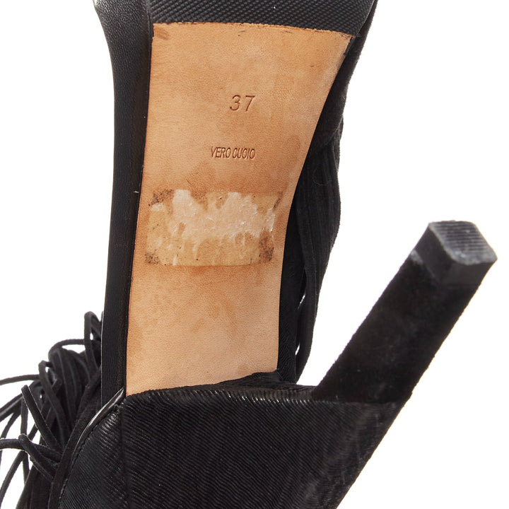 ALEXANDER WANG Dree black suede fringe embossed angular heel sandal EU37