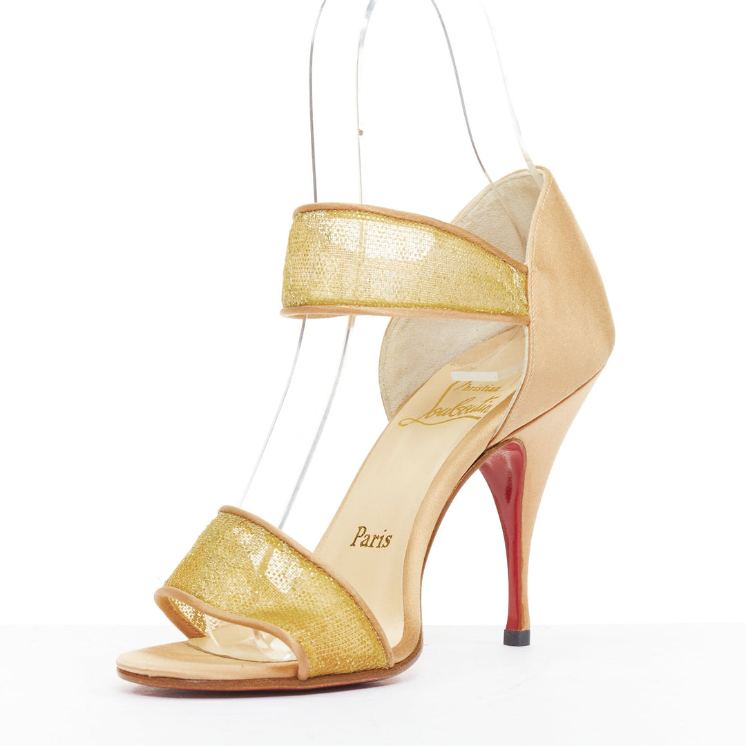 CHRISTIAN LOUBOUTIN 2011 gold lace nude satin trim straps cone sandals EU37.5
