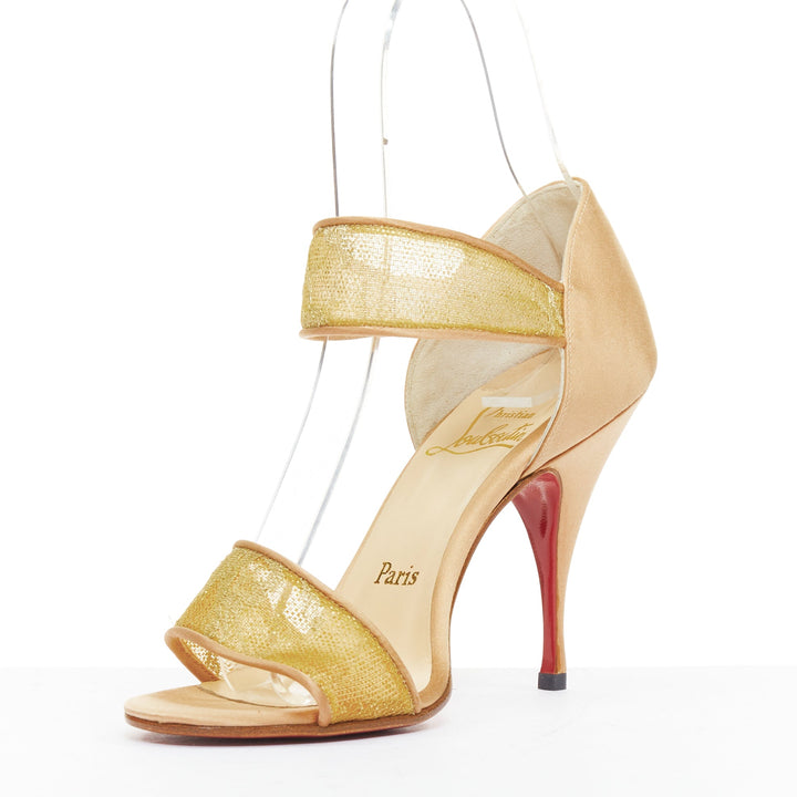 CHRISTIAN LOUBOUTIN 2011 gold lace nude satin trim straps cone sandals EU37.5