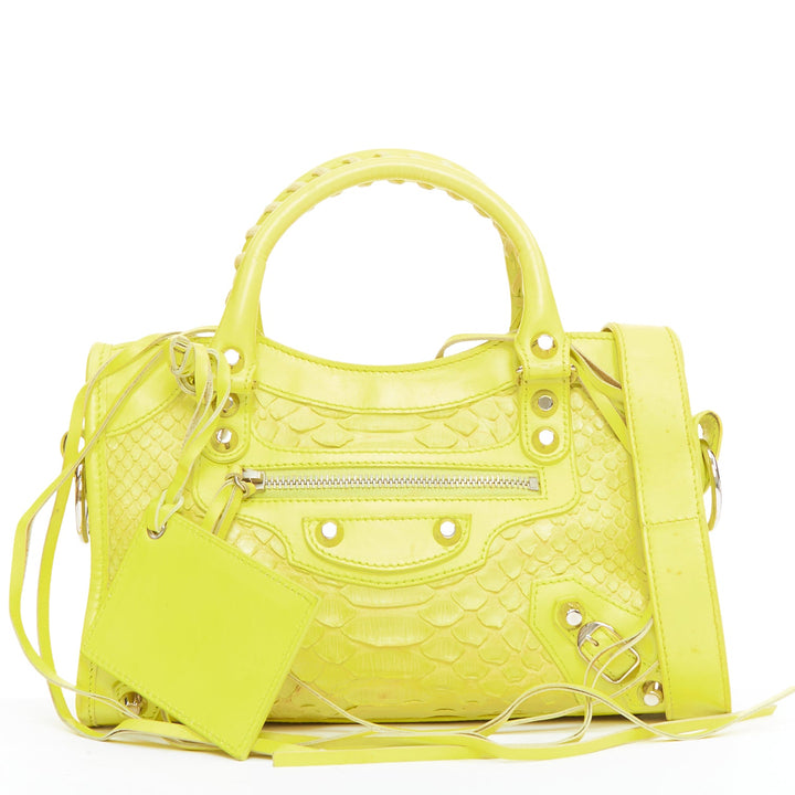 BALENCIAGA City Classic Mini neon yellow scaled leather motocross bag