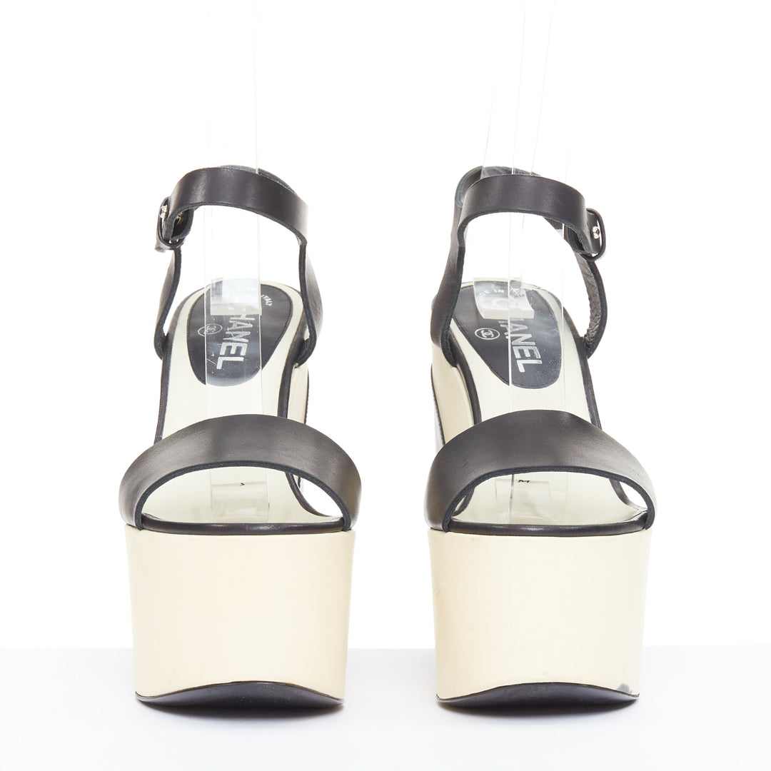 CHANEL 2012 black cream bicolor calfskin silver CC wedge platform heels EU37.5