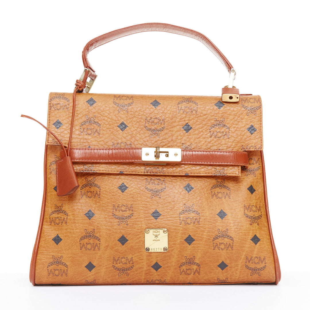 MCM Vintage Kelly cognac brown Visetos monogram GHW turnlock top handle handbag