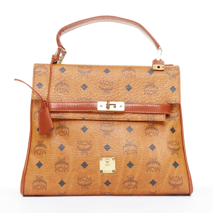 MCM Vintage Kelly cognac brown Visetos monogram GHW turnlock top handle handbag