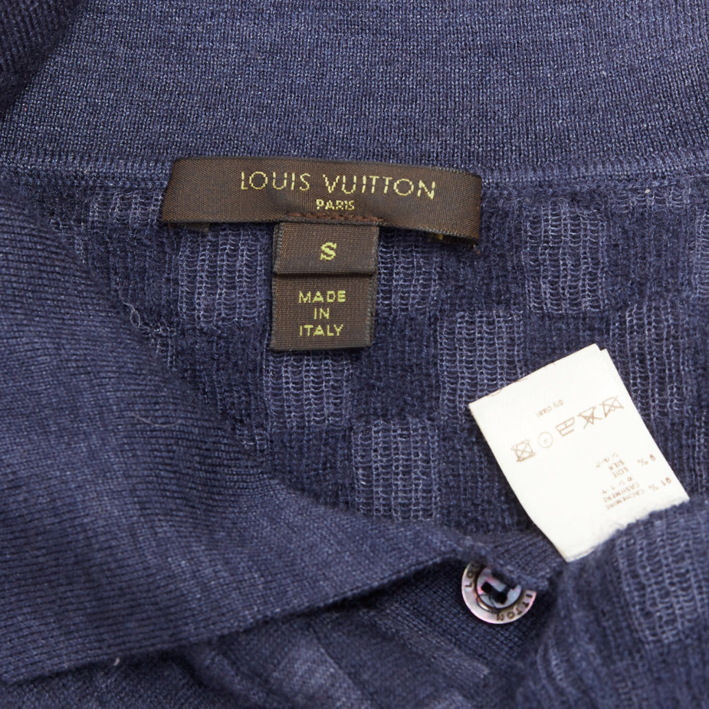 LOUIS VUITTON navy cashmere silk Damier checked knit polo shirt S