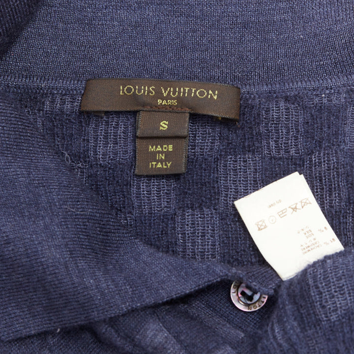 LOUIS VUITTON navy cashmere silk Damier checked knit polo shirt S