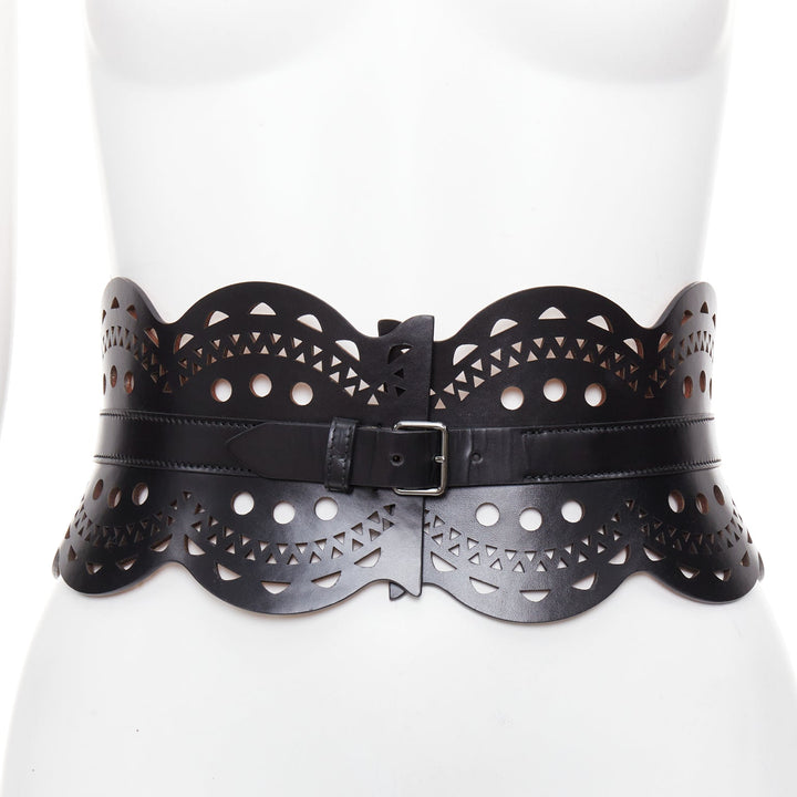 ALAIA black leather laser cut out scalloped wide statement corset belt 65cm