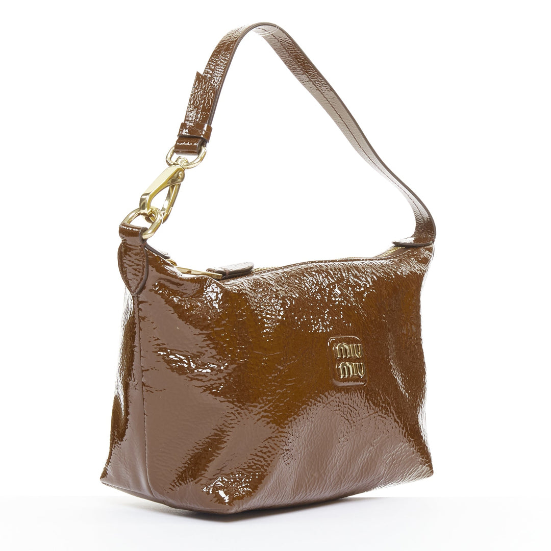 MIU MIU 2024 brown Naplak patent leather gold logo mini pouch bag