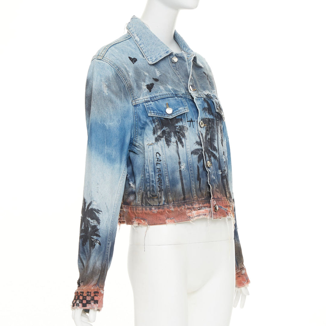 AMIRI 2017 Palm Tree Sunset airbrush blue distressed denim trucker jacket XS